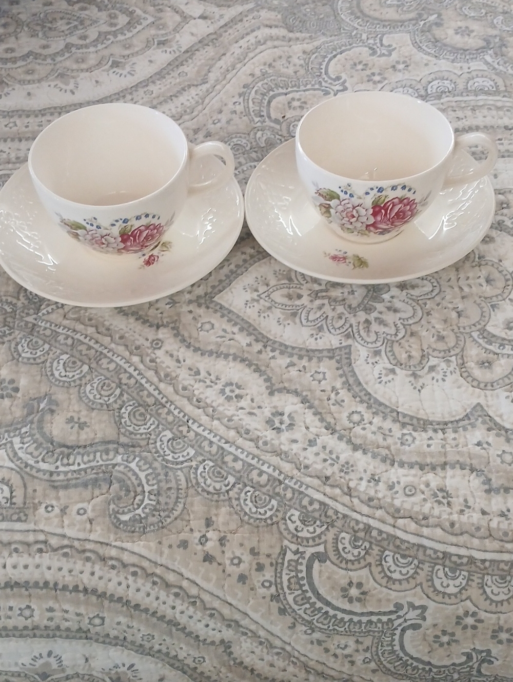 Porcelain Floral Teacup and Saucer Set - White with Pink Floral Accents